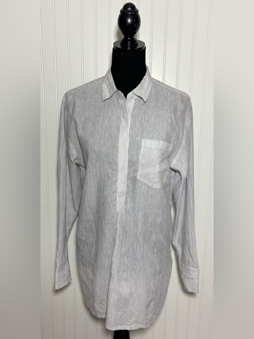 Nordstrom Signature Linen Striped Popover Tunic Shirt Black White Size Medium